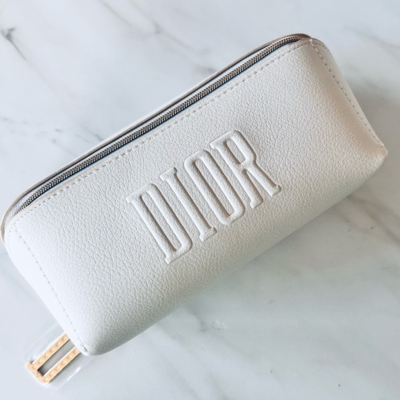 DIOR White Faux Leather Cosmetic Pouch Makeup Bag Case Embossed Logo New - Picture 16 of 16